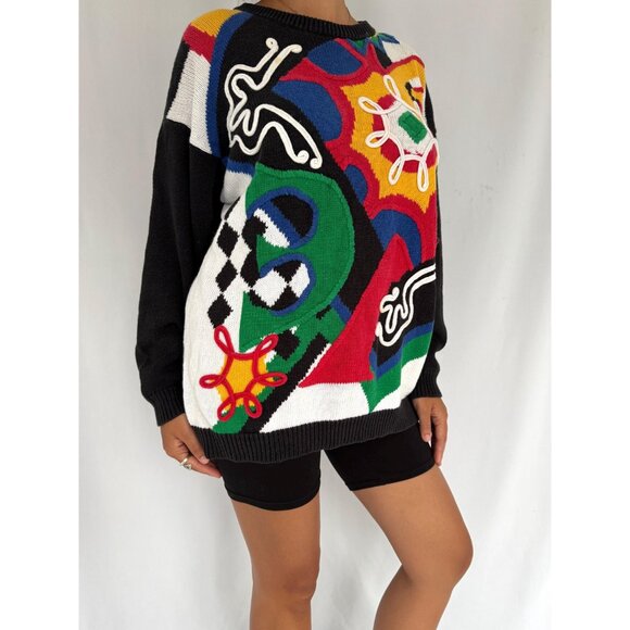 80s vintage black rainbow funky crazy abstract print embroidered knit sweater - Picture 7 of 9